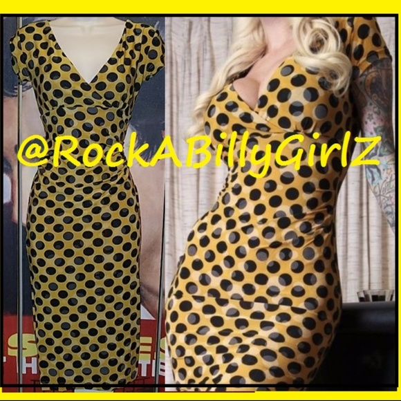 Tatyana Dresses & Skirts - Tatyana Ink Spot Vintage 1950's Pinup Pencil Dress Yellow w Black Polka Dots